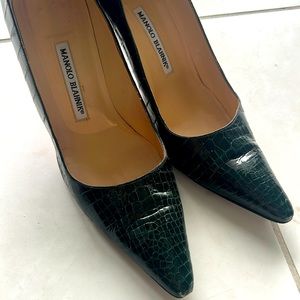Manolo Blahnik Crocodile Pumps in 39.5! Very dark green, almost black.